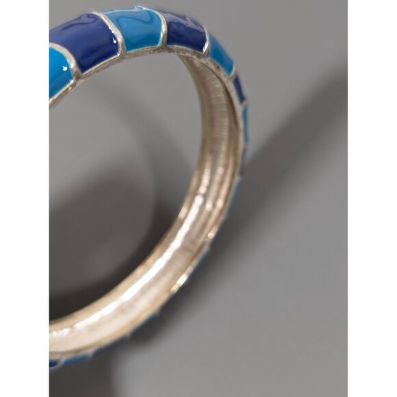 Blue Enamel Stripe Bangle Bracelet Silver Tone 8" Coastal Chic - Picture 4 of 7